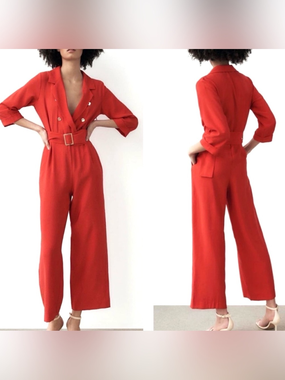 ZARA Red Belted Wide Leg Wrap Jumpsuit Gold Buttons S